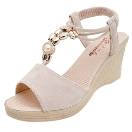 

Pianpianzi Takeaway Sandal Spongy Sandals Flat Slide Sandals Women Bow Shoes Sandals Women Casual Wedges Fashion String Bead Ladies Roman Women s sandals