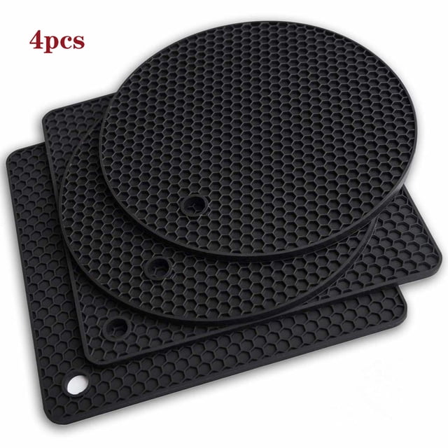 Silicone Trivets Mats, Heat Resistant Holder for Hot Pots, Pans, Dishes - Multipurpose Kitchen Potholders Mat. Set of 4 black silicone mats, including 2 round and 2 square designs, featuring a honeycomb non-slip surface. Heat-resistant up to 230°C, BPA-free, FDA-approved, and dishwasher safe. Suitable for protecting countertops, handling hot cookware, or as a bottle opener.
