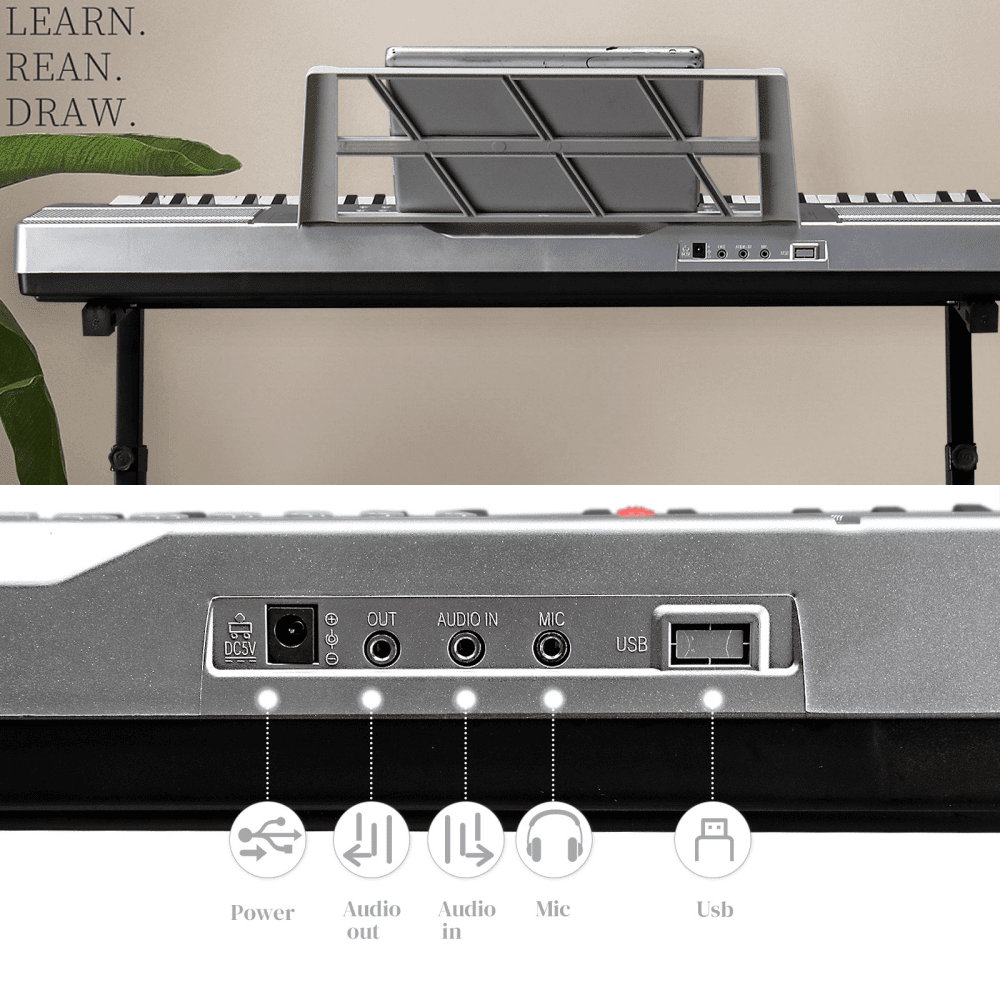 Tcbosik 61 Key Keyboard Piano with Stand, Bench, Music Rest and LED Screen, Built-In Speakers, Headphone, Microphone and 3 Teaching Modes for Beginners Starter, Silver
