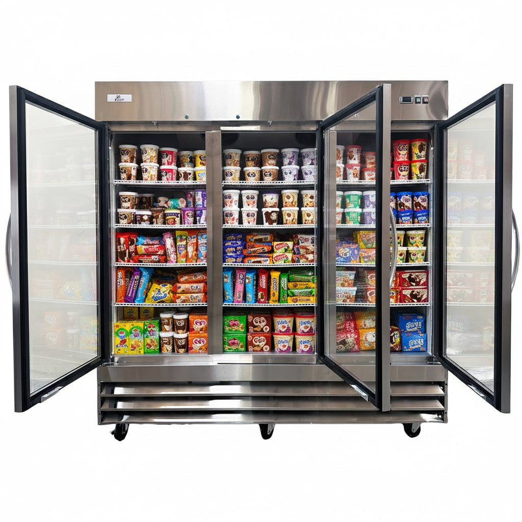 80” NSF Certified 3-Glass-Door Commercial Freezer | Stainless Steel | Bottom-Mount Compressor | –8°F to 0°F | LED Interior Lighting | R290 Eco Refrigerant | ETL & NSF Certified