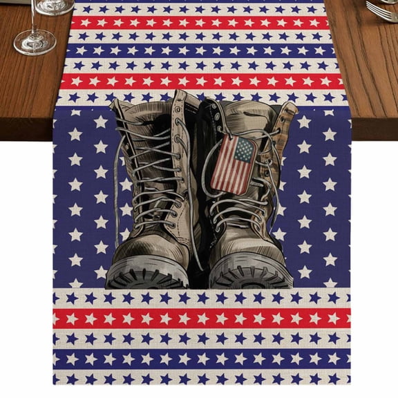 Independence Day 72 Inch Table Runner, Retro Boots Red Blue Stars US Flag Stripes Farmhouse Dresser Scarf Cotton & Linen Tablerunner for Dining/Kitchen Island/Holiday Party Décor 13" x 72"