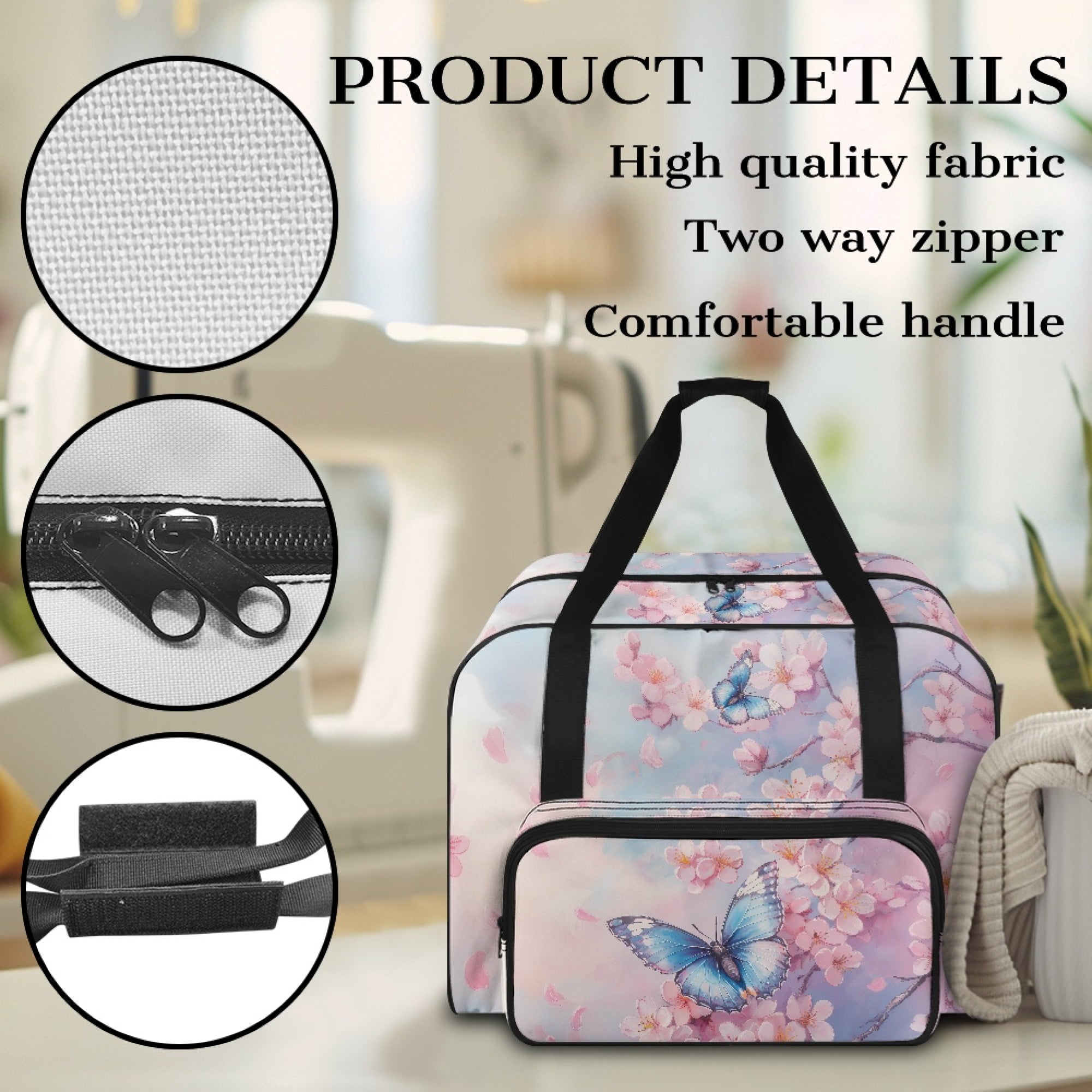 ZIATUBLE Butterfly Zippered Travel Bag Cherry Blossom Portable Carrying Totes Stain Resistant Sewing Machine Supplies Organizer Suitable for Most Standard Sewing Machine Accessories
