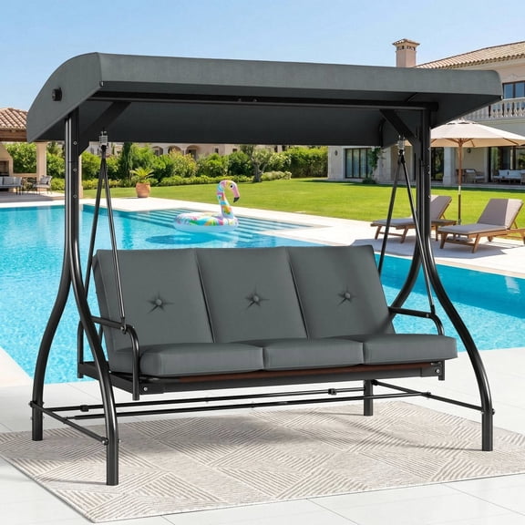 Arlopu 3-Seat Porch Swing, Outdoor Patio Swing Chair with Adjustable Canopy & Removable Cushions, Swing Glider for Garden Poolside Backyard, Gray