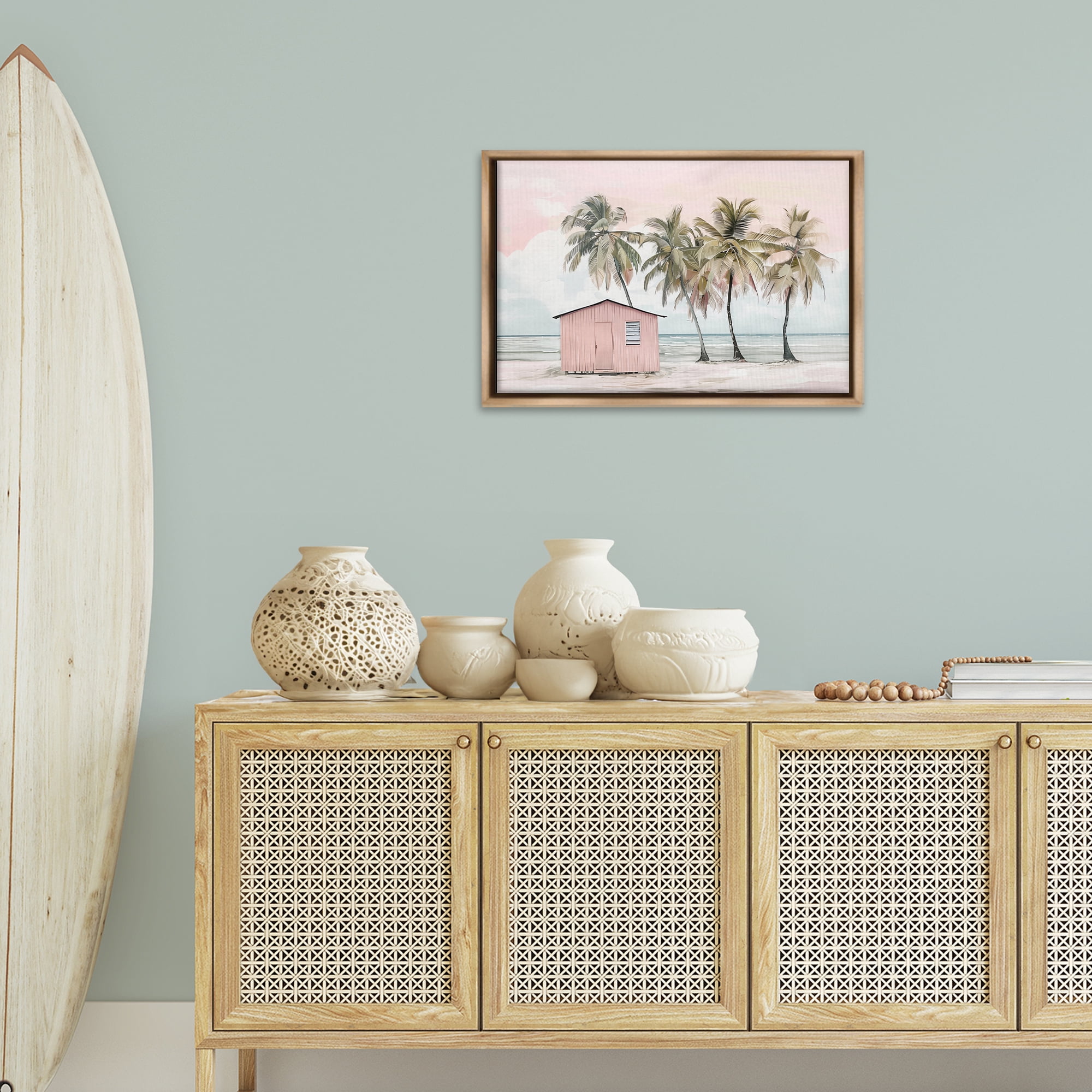 Stupell Industries Pink Beach Hut & Palms Nautical & Beach Painting Brown Floater Framed Canvas Art Print Wall Art, 25 x 17