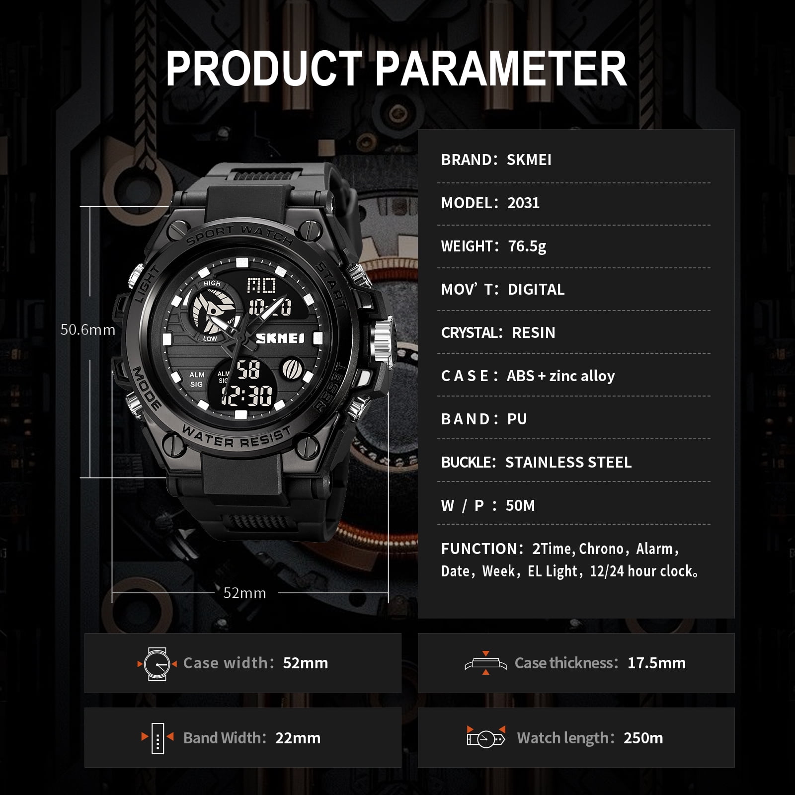SKMEI Mens Digital Watch Sport Waterproof Watch Analog Military Tactical Watches LED Backlight Alarm Stopwatch Wrist Big Face Watches