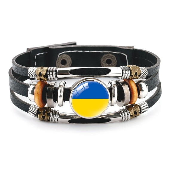 Uijokdef Country Flag Leather Bracelet, Multi-Layer Black Cowhide Design, 7.87 Inches