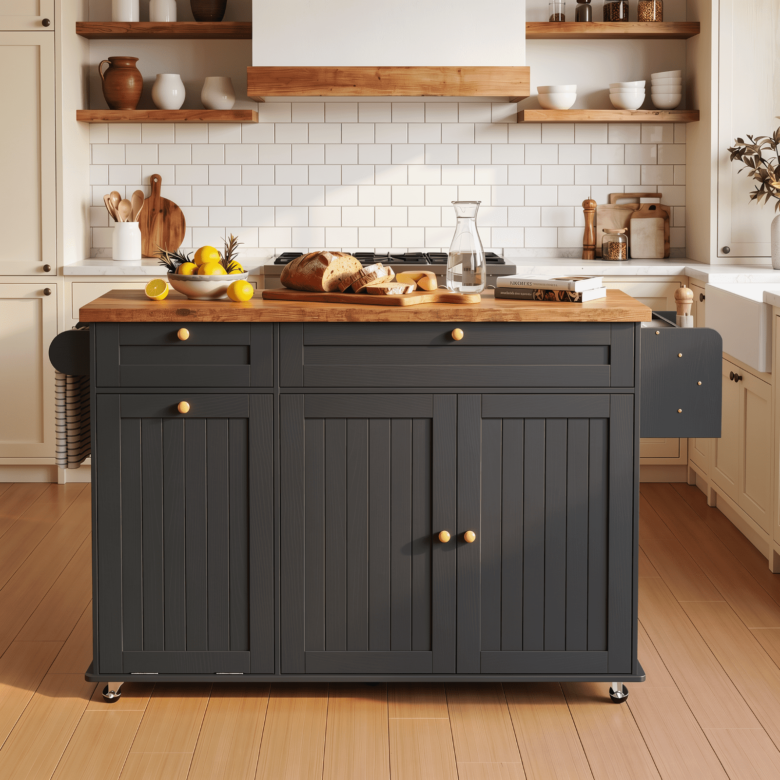 ROGALIS Kitchen Island w/Outlet&Towel Rack, 60" Kitchen Storage Cart w/Foldable Countertop, Black