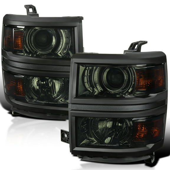 Spec-D Tuning Smoke Projector Headlights w/ Black Trim Compatible with 2014-2015 Chevy Silverado 1500, Left   Right Pair Headlamps Assembly