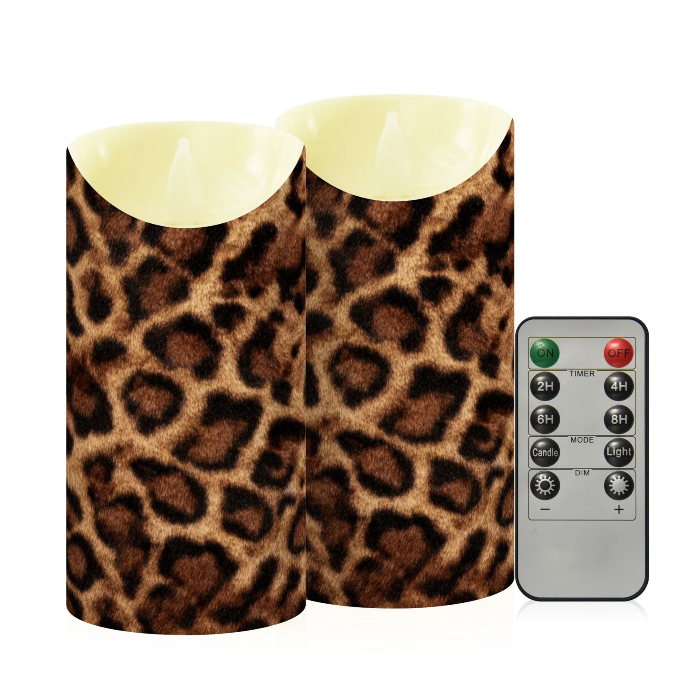Iauyy Flameless Candles Battery Operated LED Pillar Candles with Remote and Timer, Brown Leopard Print Set of 2 （M)
