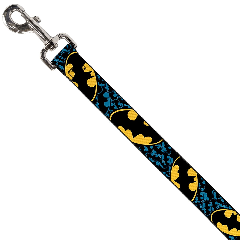 DC Comics Pet Leash, Dog Leash, Bat Signals Stacked Close Up Blue Black Yellow, 4 Feet Long 1.0 Inch Wide