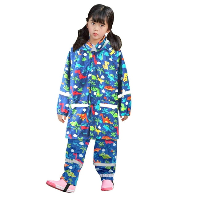 GPOECD Children’s Dinosaur Rainbow Print Reflective Windproof Hooded Rain Jacket and Pants Set Outfits Dark Blue,110