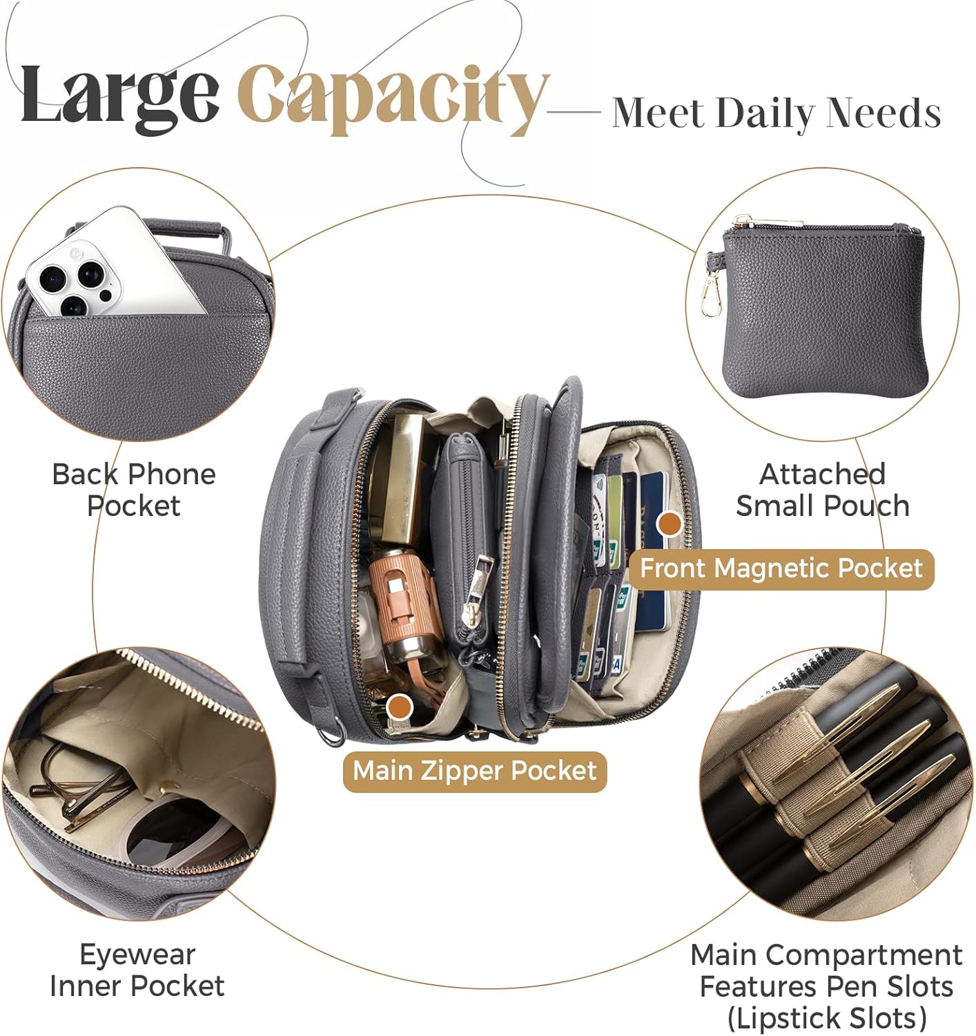Vegan Crossbody Leather Bag for Women with 2 Adjustable Straps, Anti-Theft RFID Messenger Bag with Wallet, Small Shoulder Bag for Daily Travel