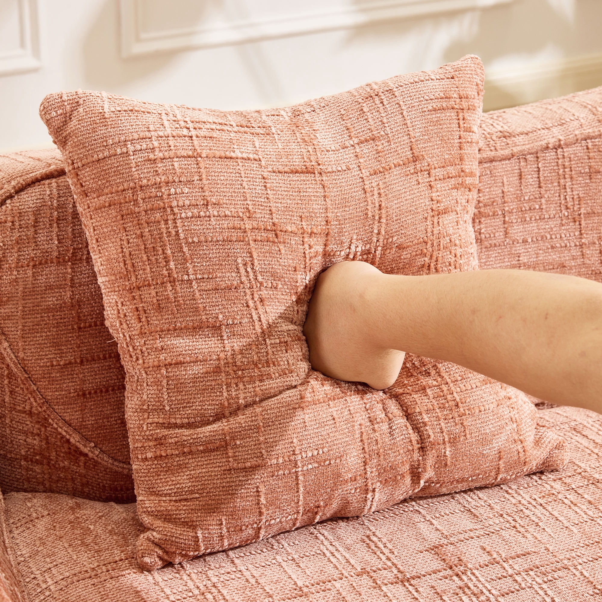 Curved Loveseat, Pink Compress Chenille Sofa with Two Pillows and Armrests, Foam Spring 2-Seater for Small Apartment Living Room or Bedroom, 67-Inch