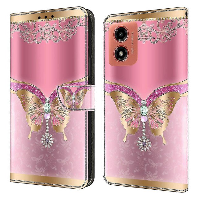 Funda de cuero con estampado 3D para Motorola Moto G04 4G, diseño de mariposas y flores, 3745933999553, estilo G, para Motorola Moto G04 4G, color oro rosa