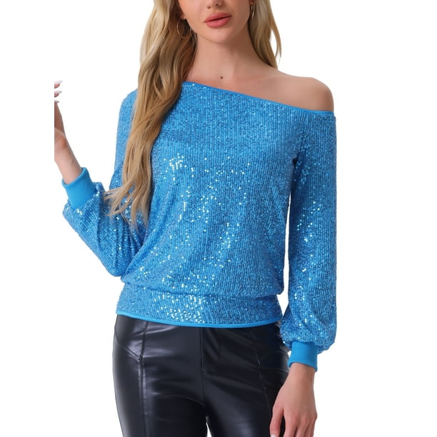 INSPIRAR CHIC Blusas de lentejuelas sin hombros para mujeres, con mangas largas, para fiesta disco, brillo y destellos, Talla XS, Azul