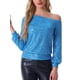 thumbnail image 1 of INSPIRAR CHIC Blusas de lentejuelas sin hombros para mujeres, con mangas largas, para fiesta disco, brillo y destellos, Talla XS, Azul, 1 of 6