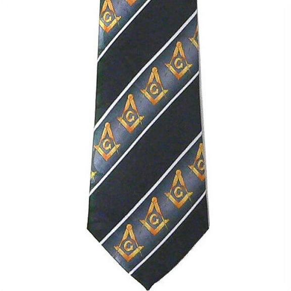 Masonic Neck Tie Black Gold Compass & Square. Polyester White lines Freemasons