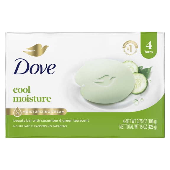 Dove Beauty Bar Soap For Refreshed Skin, Cool Moisture Cucumber & Green Tea Scent, Leaves Skin Refreshed , 3.75 oz 4 Bars