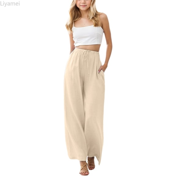Liyamei Girls Summer Wide Leg Dress Pants Lightweight Palazzo Pants Flowy Lounge Trousers with Pocket Size Beige 4-5 Years