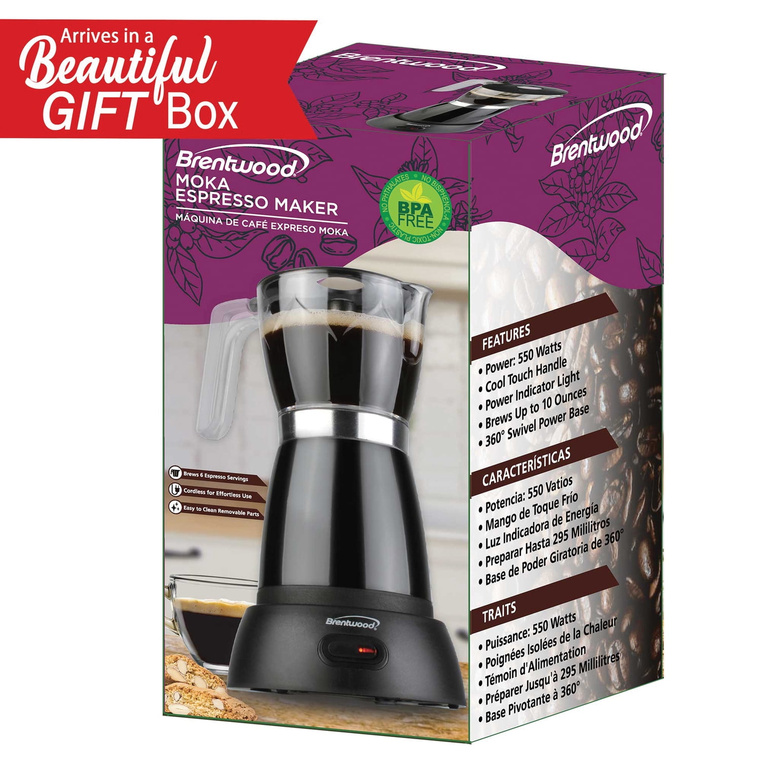 Brentwood 6-Cup Electric Moka Pot Espresso Machine, Black