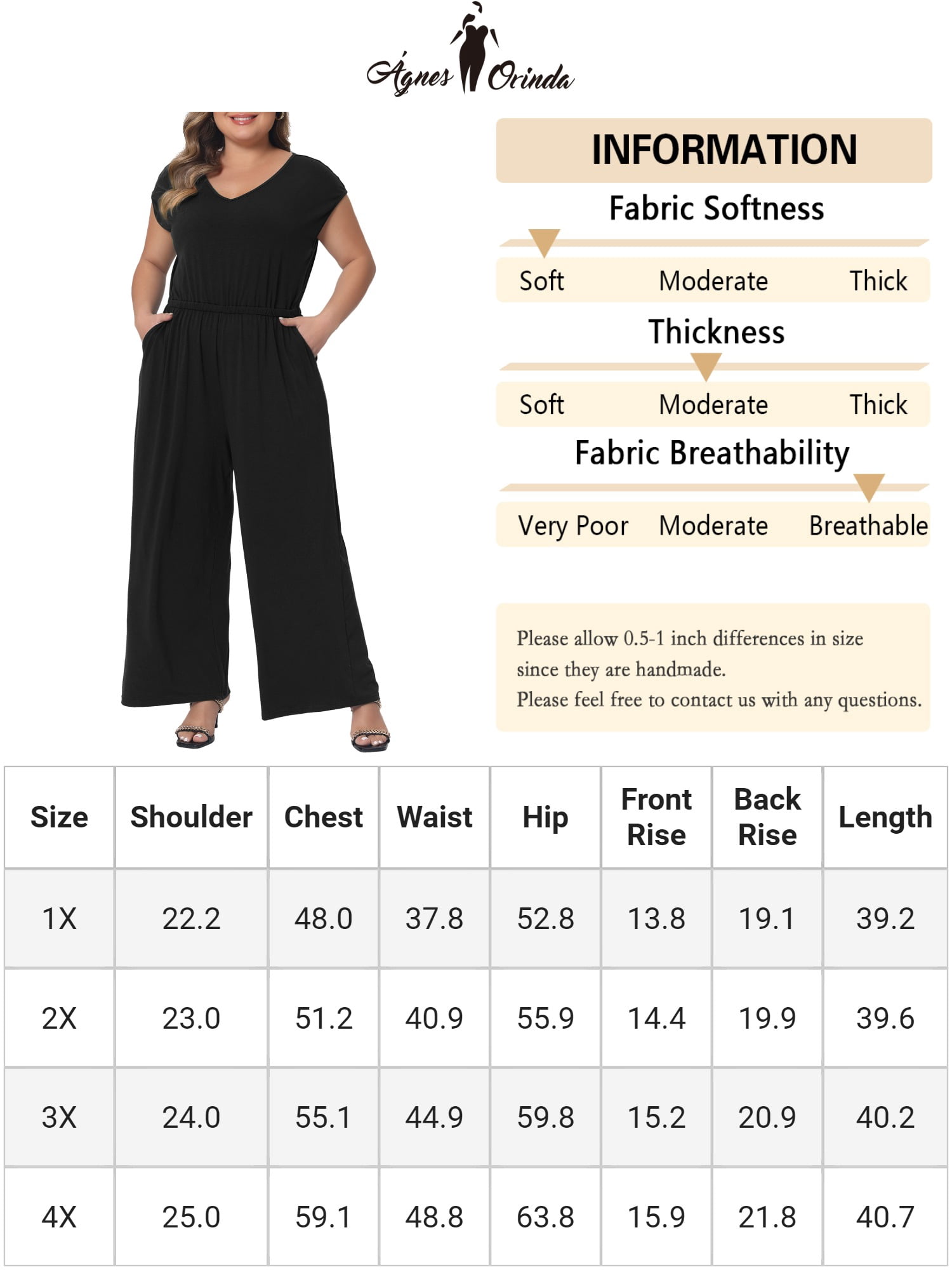 DARING DIVA Women's Plus Overall Rompers with V Neck and Sleeveless Design 4XL Black
