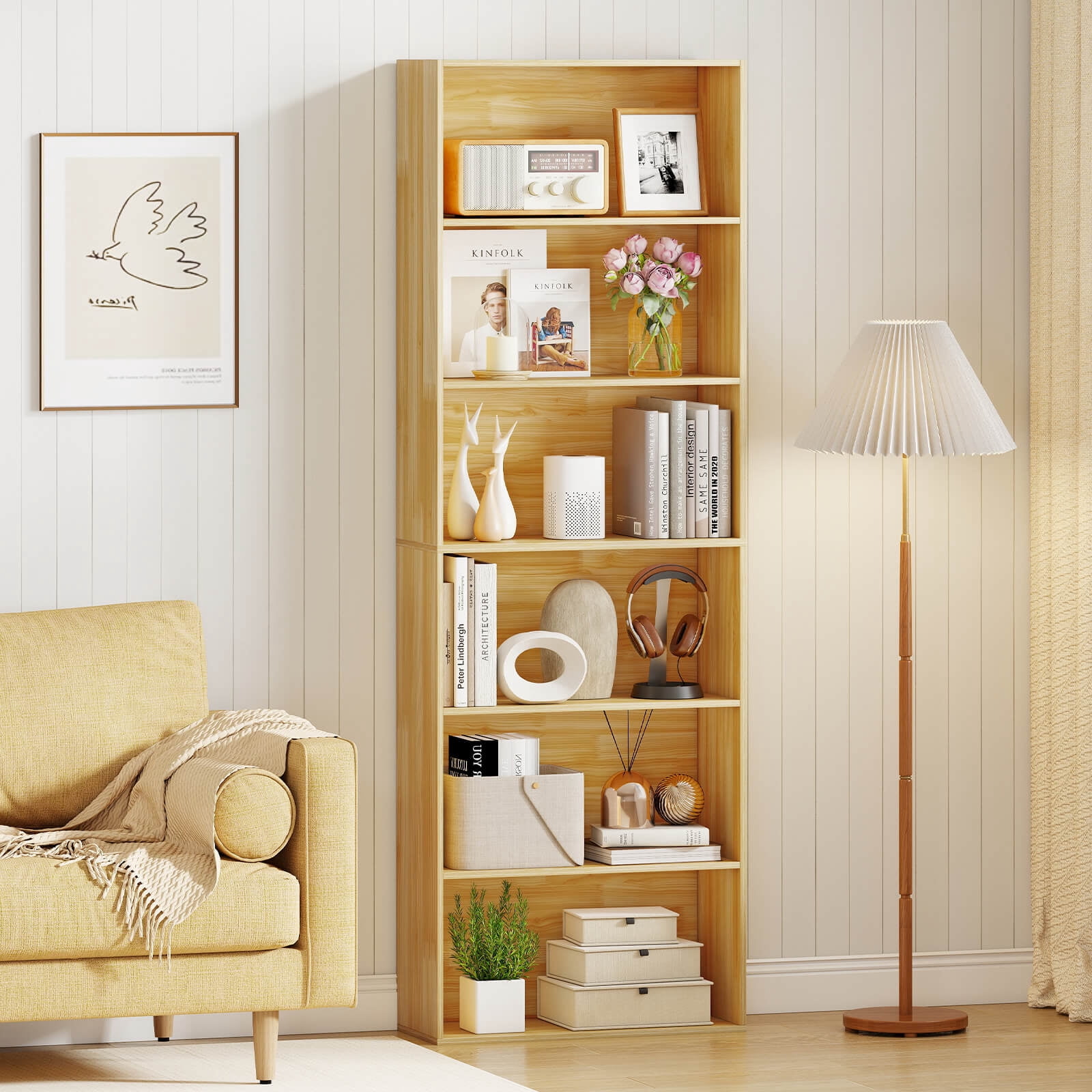 Costway 6-Tier Bookshelf with Open Shelves, Anti-Tipping Kits for Living Room Bedroom Study Beige