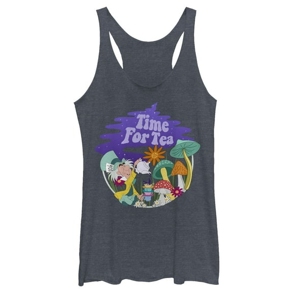 Women's Alice in Wonderland Mad Hatter Time for Tea Racerback Tank Top Navy Blue Heather 2X Large