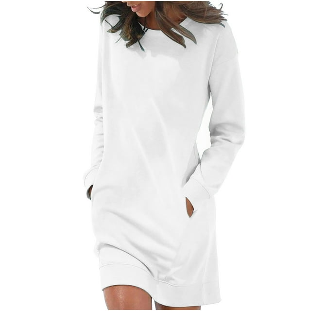 Robes T-Shirt pour Femmes Col Ras du Cou Unies Imprimées Robe à Manches Longues Décontractée Ample Robes d'Automne avec Poches
