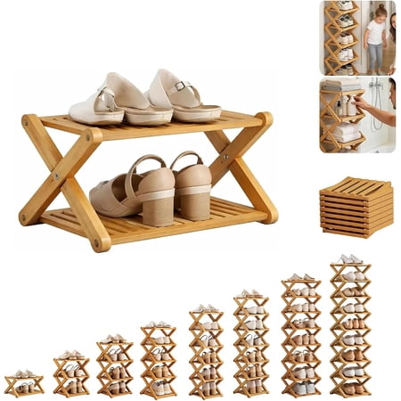 2/3/4/5/6/7/8/9 Tier Bamboo Shoe Rack, no Installation Required, Strong Load-Bearing Capacity, Space-Saving, Accordion Shoe Rack for Entryway & Closet
