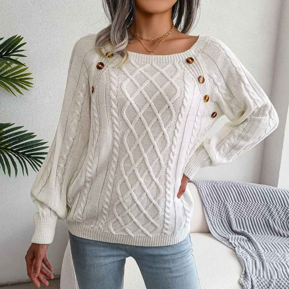 Turilly Fashion Women Casual Solid Long Sleeve Loose Round Neck Sweater Pullver Button Blouse Autumn Tops