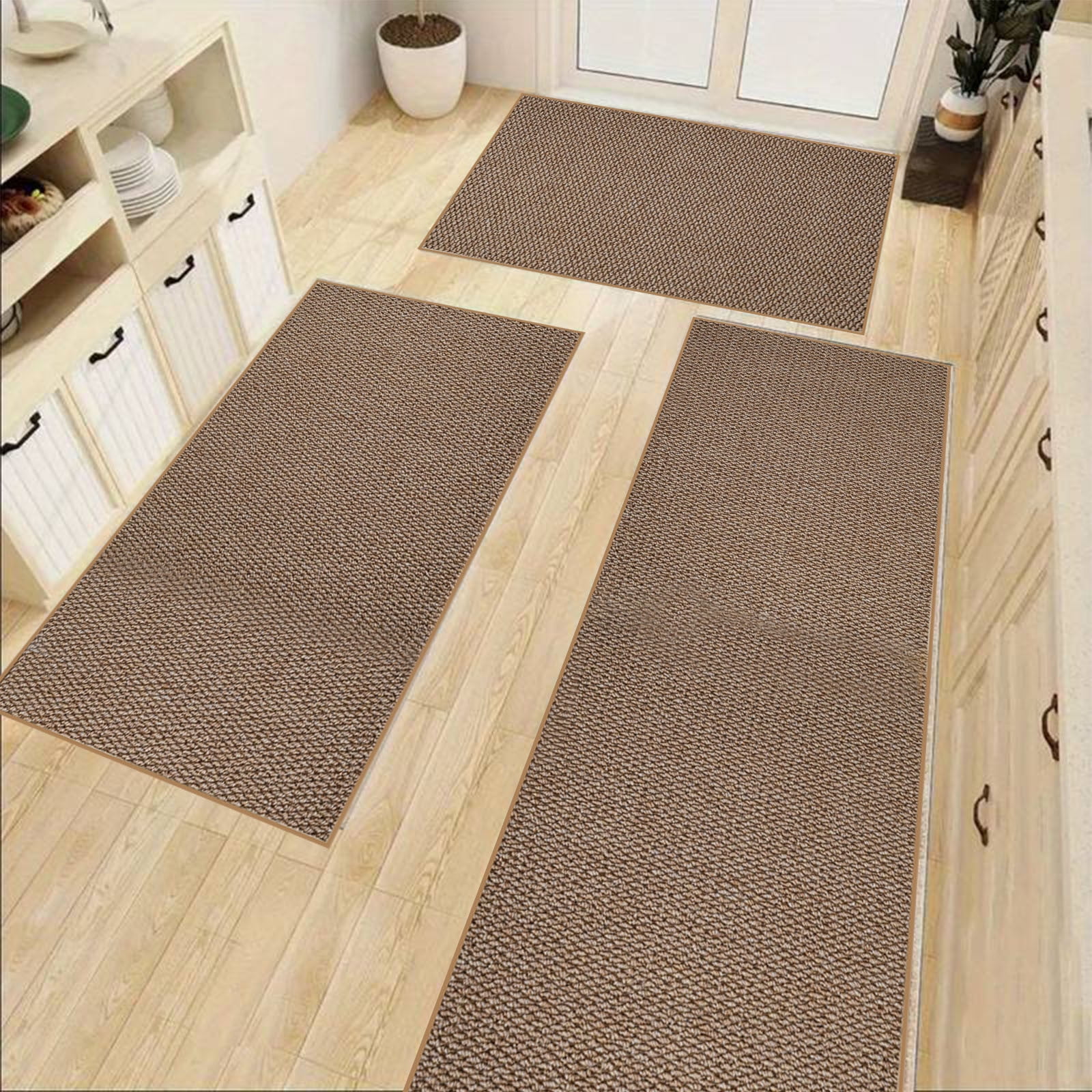 CQCYD Jute Burlap Rug Trio, Non Slip Indoor Outdoor Doormats, Thick Comfortable Kitchen Office Mats, Easy Clean Oil Resistant Entryway Rugs