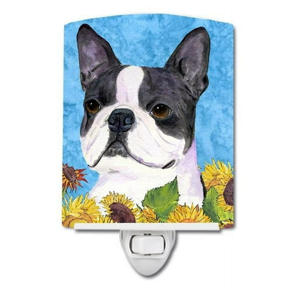 Boston Terrier in Summer Flowers Ceramic Night Light