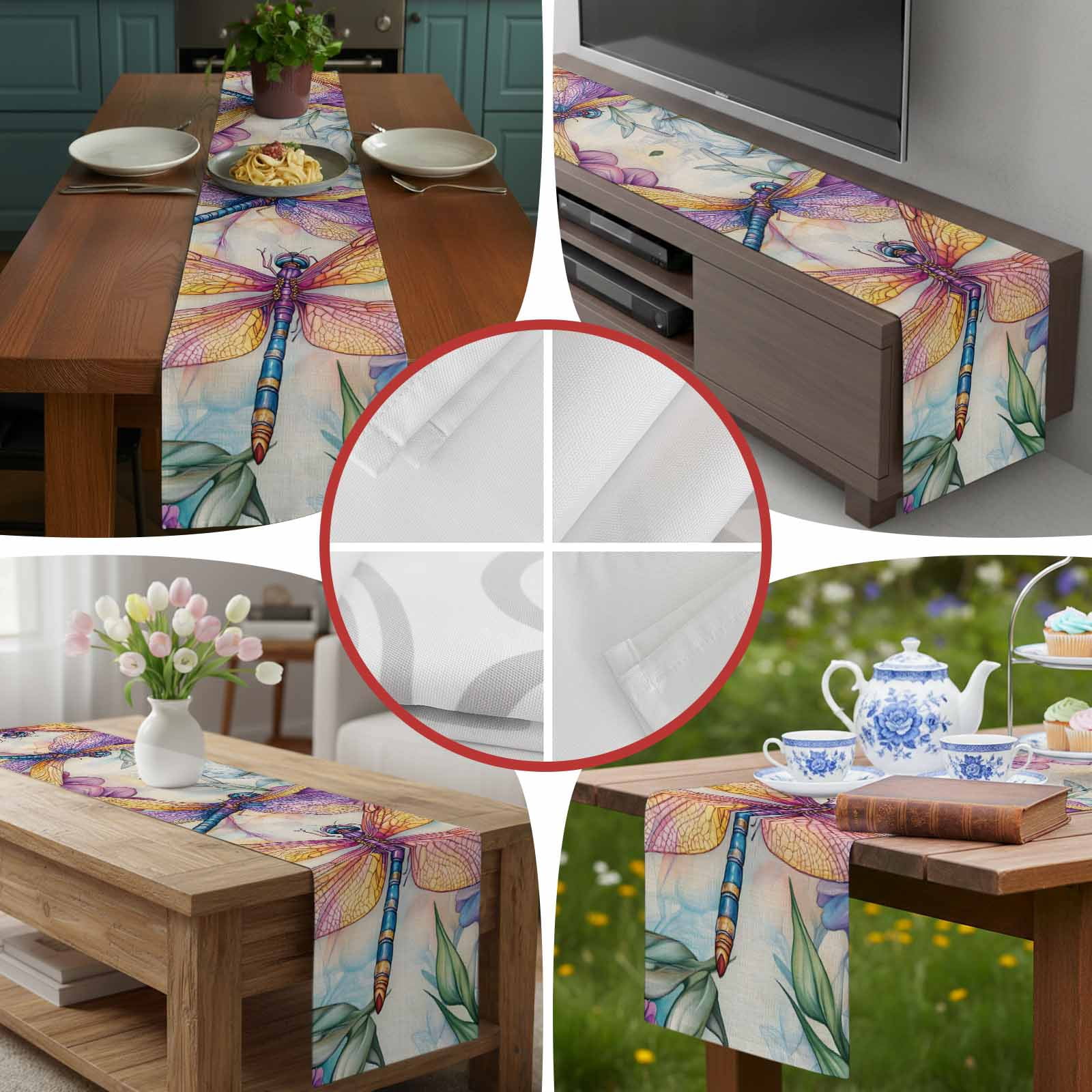 Colorful Rustic Pastoral Dragonfly Table Runner 90 Inches Long, Summer Watercolor Flower Table Runners Tabletop Scarf Kitchen Dining Tables Decoration for Home Party Indoor Outdoor