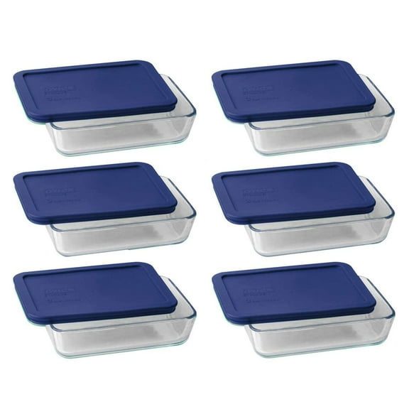 Pyrex 7210 3-Cup Rectangle Glass Food Storage Dishes & 7210-PC 3-Cup Blue Lid Covers (6-Pack)