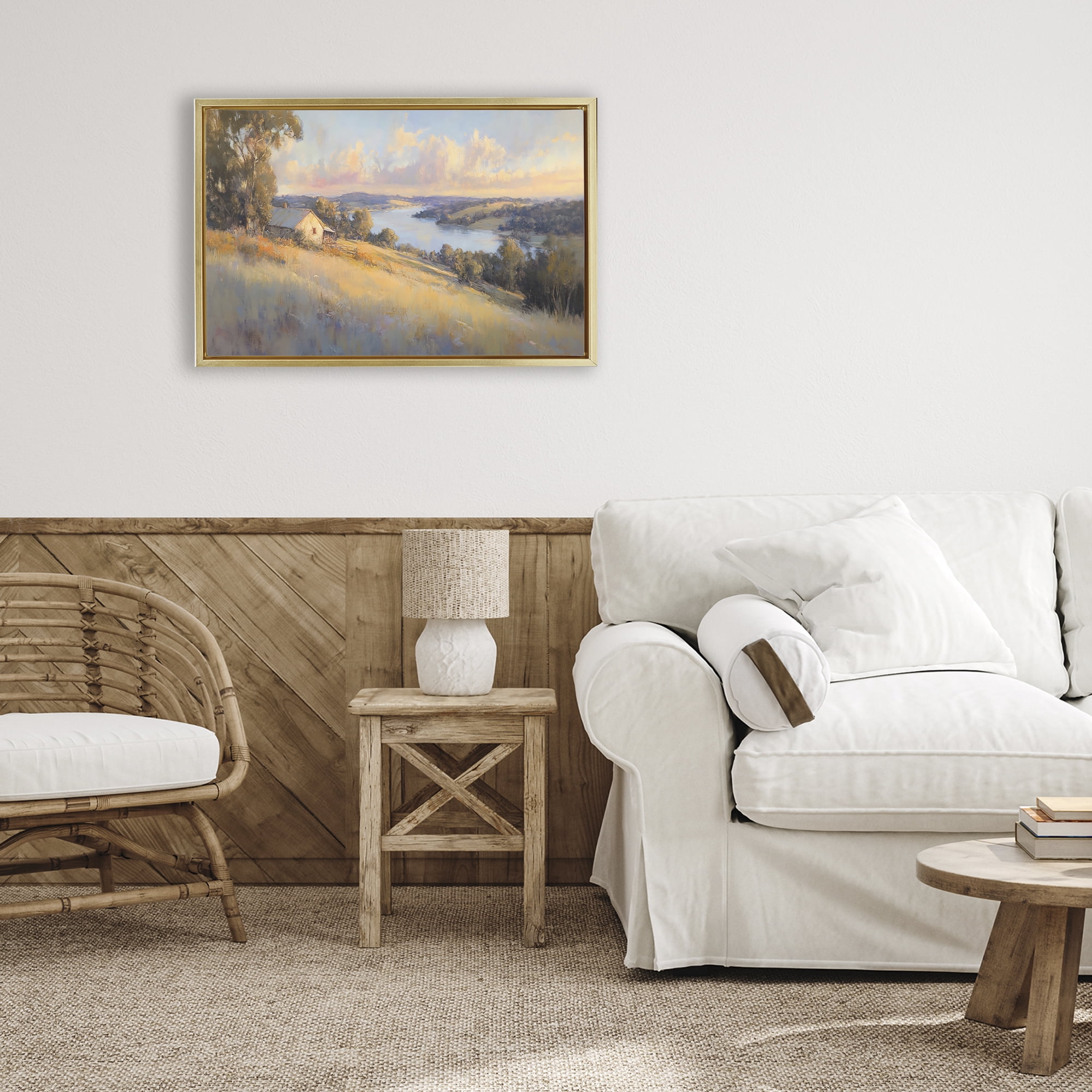 Stupell Industries Hilltop Cottage in Sunset Glow Gold Framed Floater Canvas Wall Art, design by Creative Studio