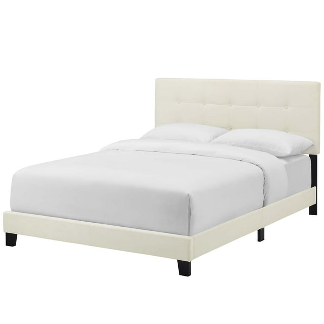 Modern Contemporary Urban Design Bedroom Queen Size Platform Bed Frame, Velvet Fabric, Ivory White