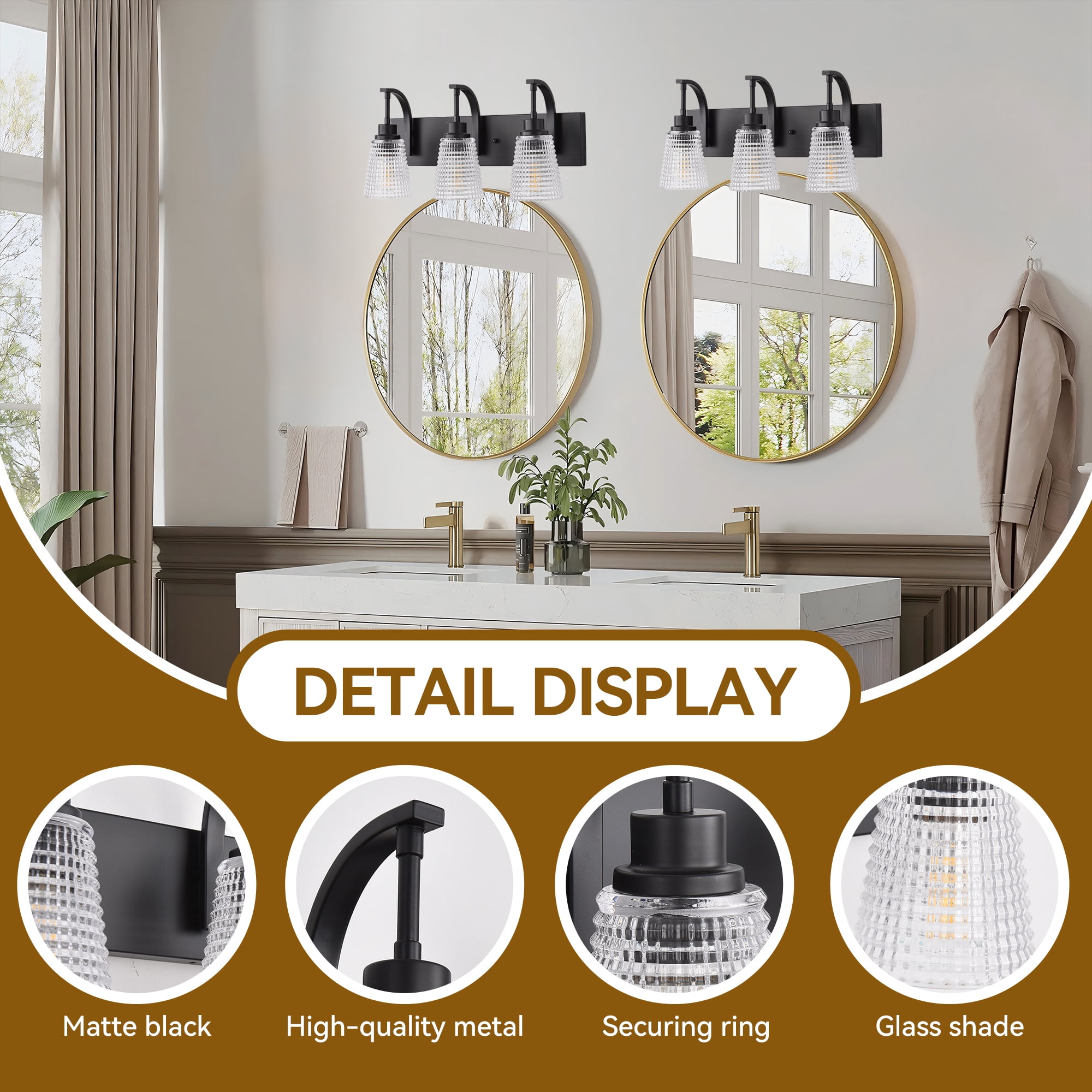 3-Light Matte Black Vanity Light, Modern Farmhouse Bathroom Light Fixture with Clear Rippled Glass Shades for Mirror, 20.86 Inch