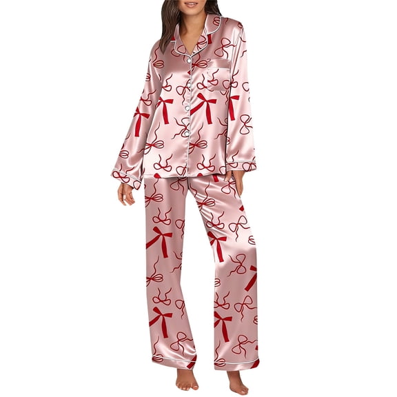 FEIJIBA Womens Pajama Sets Women Bow Pajamas Satin Set 2 Piece Button Down Shirts Wide Leg Pants Cute Ladies Loungewear Sets Valentine's Day
