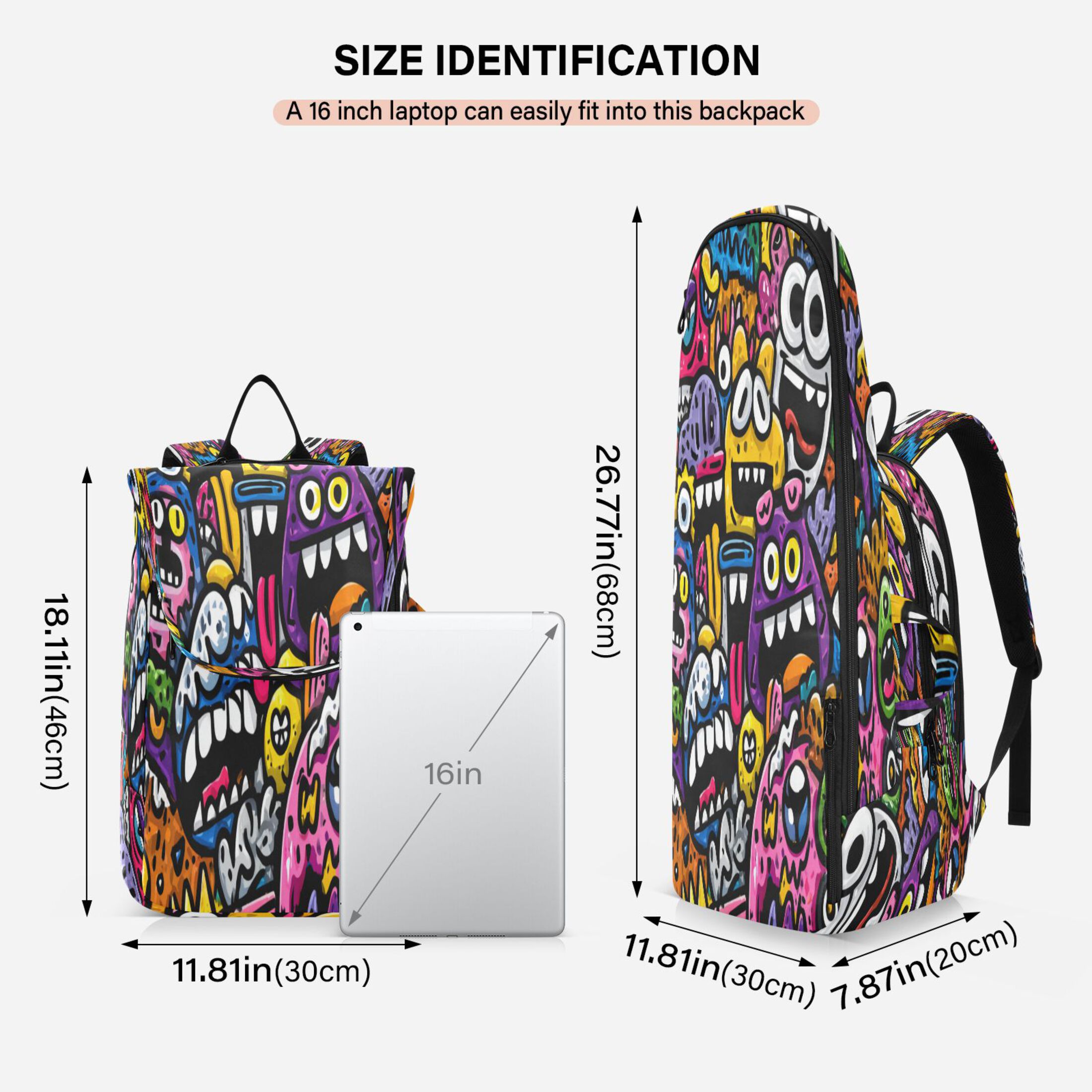 2 Racquet Holder Tennis Backpack Tennis Racket Covers Gym Bags Colorful Cartoon Monsters