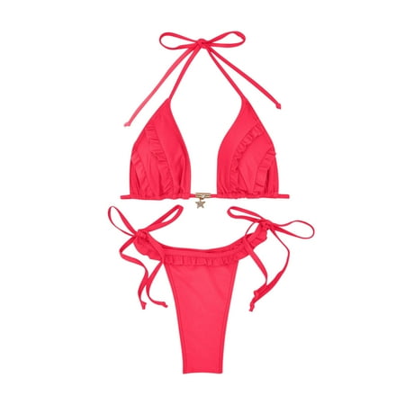 UTSJKR Women Thong Bikini Set Cheeky Halter Triangle String Two Piece Swimsuits Sexy Ruched Brazilian Bathing Suit Red S