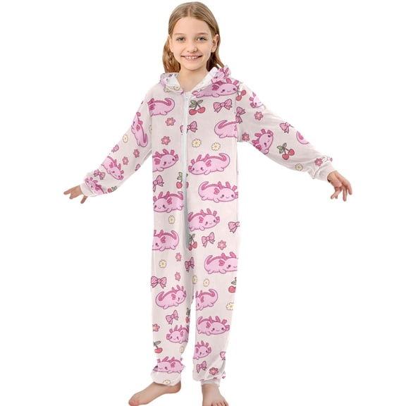 JOOGOO Axolotl Cute Bows Pattern Unisex Onesie Pajamas Jumpsuit Kids One-Piece Hooded Sleepwear 7-8T