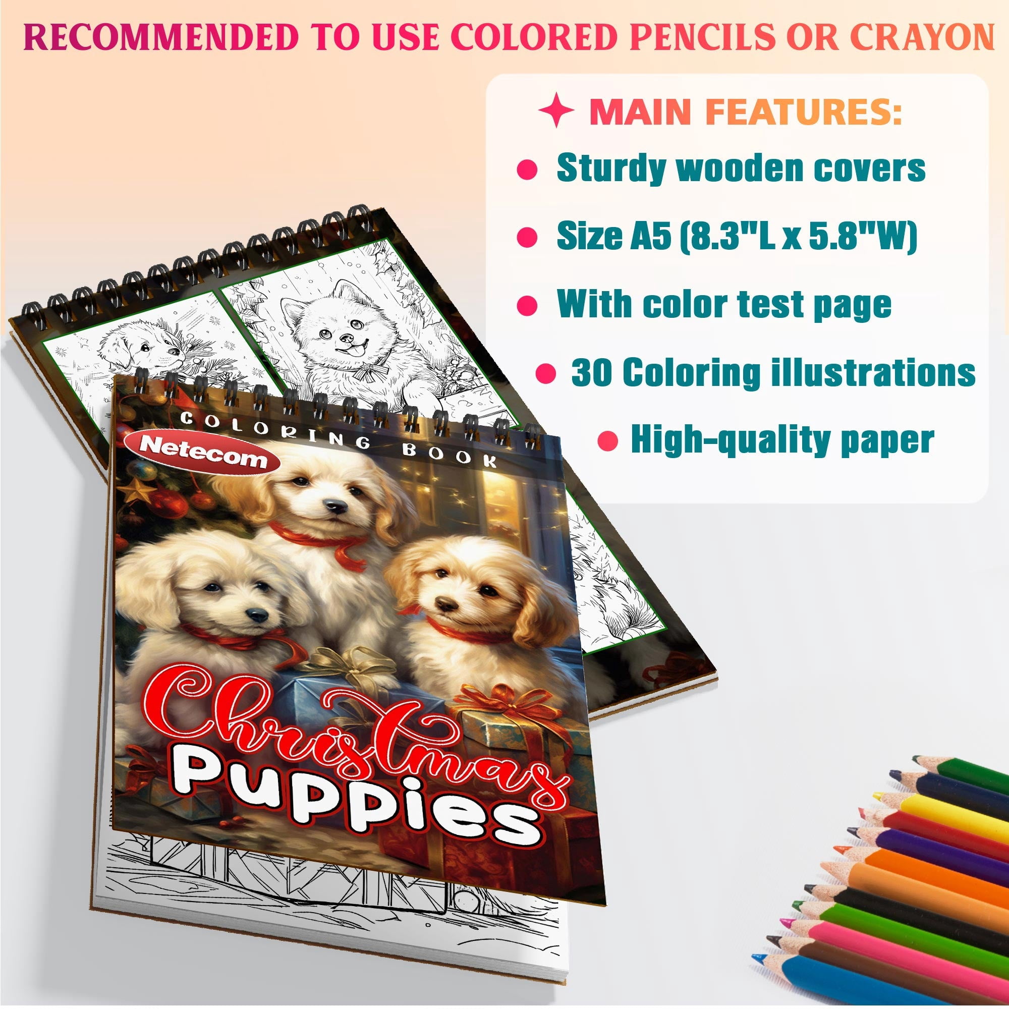 Netecom Christmas Puppies Coloring Book Spiral Bound for Adults, A5 Wooden Cover, 30 Adorable Coloring Pages of Puppies in Winter Scenes for Stress Relief and Relaxation