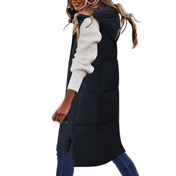 Gibobby Abrigos largos de invierno, Chaleco corto de algodón sin mangas con capucha para mujer, chaleco acolchado para otoño e invierno(Negro,XG)