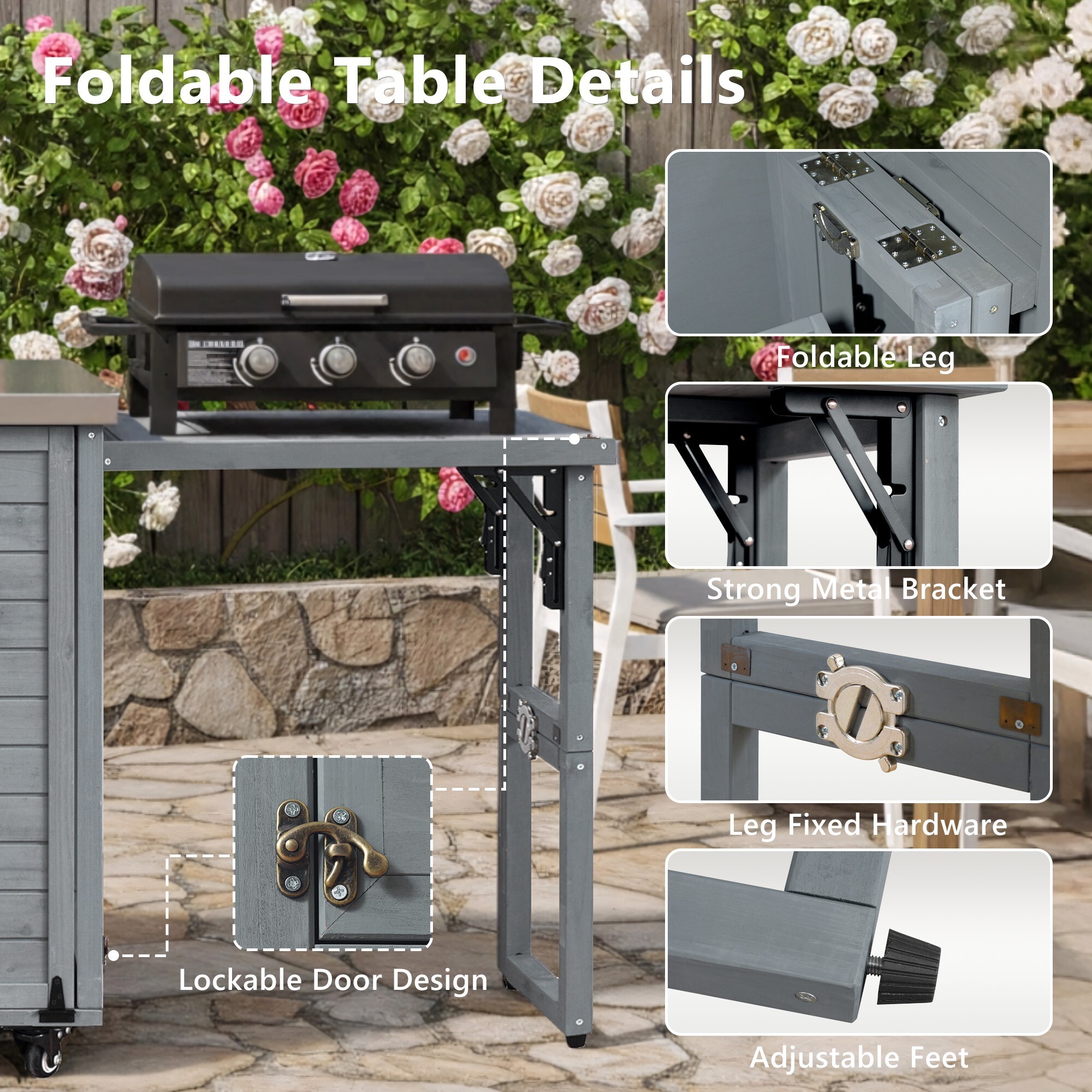 AENKYO Mobile Outdoor Kitchen Island with Stainless Steel Top & Trash Can, Foldable BBQ Prep Cart for Grilling, Gray Blue