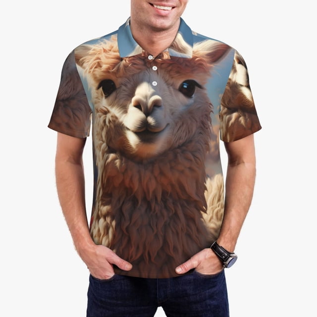 Balery Fluffy Alpaca Mountain Meadow Camisa Polo de Hombre con Estampado, de Manga Corta y Tejido Medio, Camisa Tipo Golf Polo-X-Large