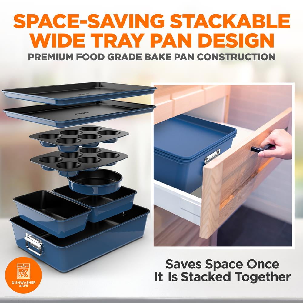 8-Piece Nonstick Stackable Bakeware Set w/ Non-Stick Coating, 450°F Oven Safe, Round Cake, Loaf, Muffin, Wide/Square Pans, Cookie Sheet (Blue)