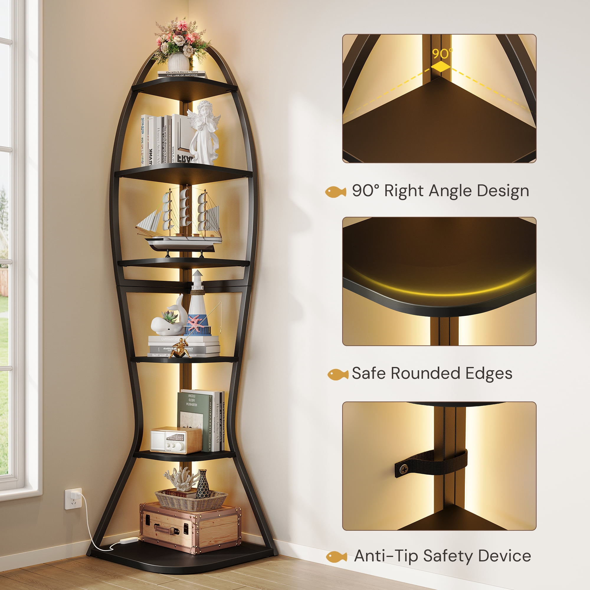 Vividwood Artistic Fish-Inspired Corner Shelf with LED Lights, 6-Tier Tall Corner Bookshelf with Multi-Depth Display, Vividwood Space-Saving Storage Unit with Remote Control for Bedroom & Living Room