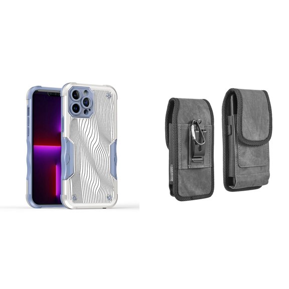 Case and Pouch Bundle for iPhone 14: Heavy Duty Armor Rugged Case (White Swirly Lines) and Vertical Rugged Denim Nylon Belt Holster