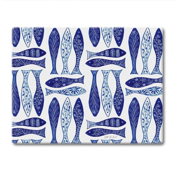 CounterArt Blue Fish"3mm Tempered Glass Cutting Board 10" by 8"