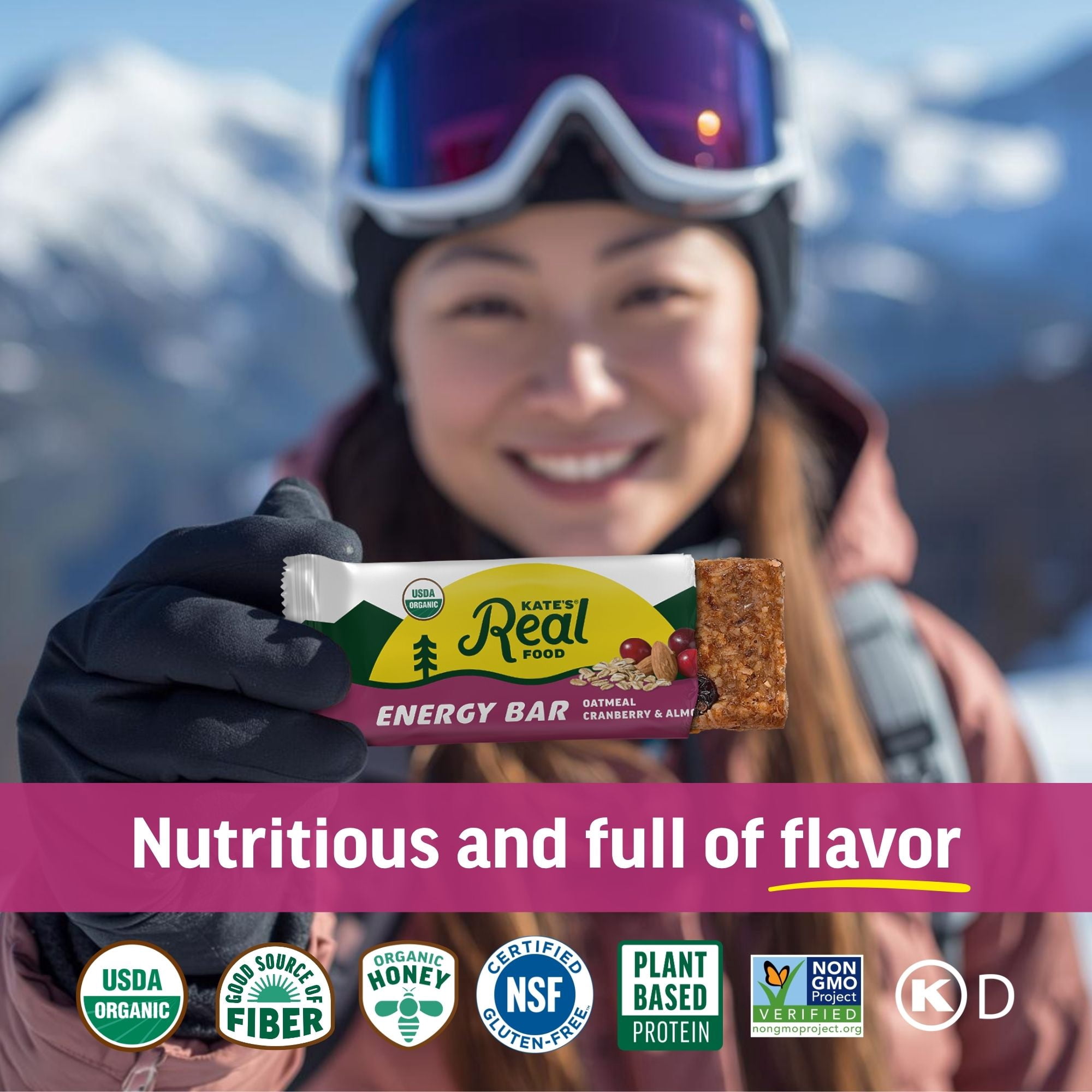 Kate’s Real Food Organic Granola Oatmeal Cranberry & Almond All Natural Energy Bars - Non GMO, Soy Free, Whole Grain, and Made with Gluten Free Oats - 12 count
